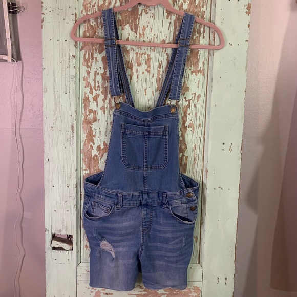 Wax Jean Denim - Women’s Wax Jean blue denim distressed short overalls